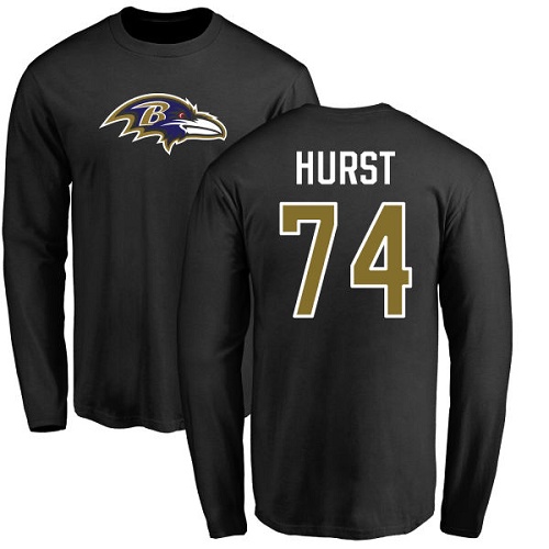 Men Baltimore Ravens Black James Hurst Name and Number Logo NFL Football #74 Long Sleeve T Shirt
